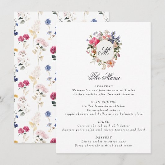 Geschilderd Bloemig Kalligrafie Monogram Wapen Ele Menu (Voorkant / Achterkant)