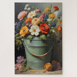 Geschilderd boeket zomerbloemen in een groen emmer legpuzzel