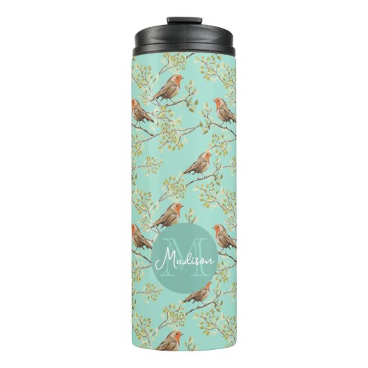  geschilderd Europees Robin vogelpatroon Thermosbeker (Voorkant)