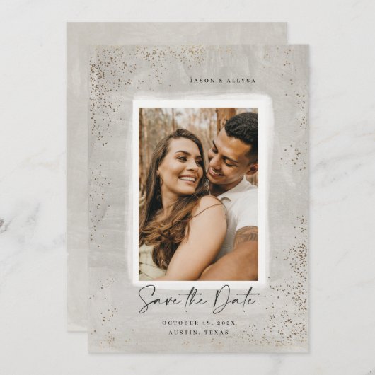 Geschilderd Grijs en Gouden Sparkle sparen de Datu Save The Date (Voorkant / Achterkant)