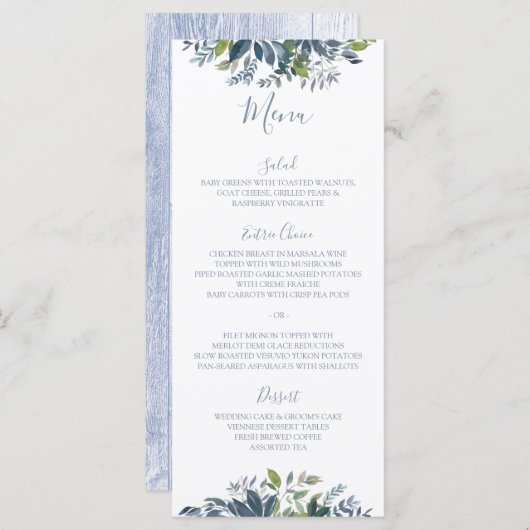 Geschilderd groen bruiloft menu's Dusty Blue (Voorkant / Achterkant)