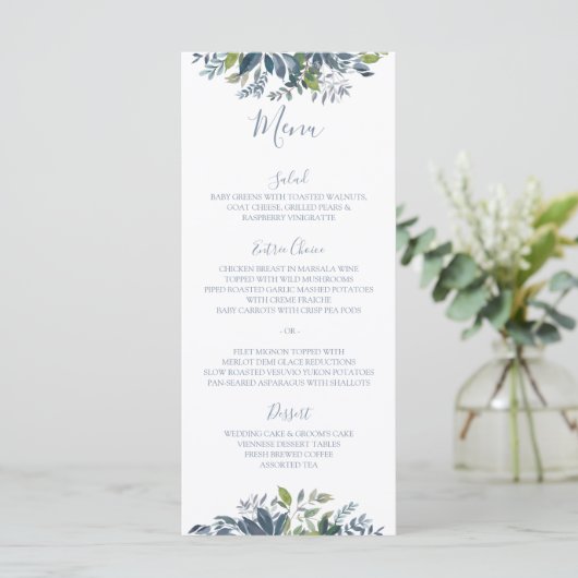 Geschilderd groen bruiloft menu's Dusty Blue (Staand voorkant)