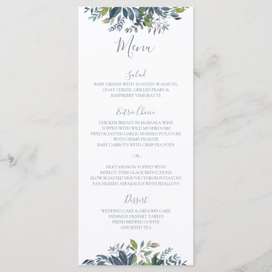 Geschilderd groen bruiloft menu's Dusty Blue (Voorkant)