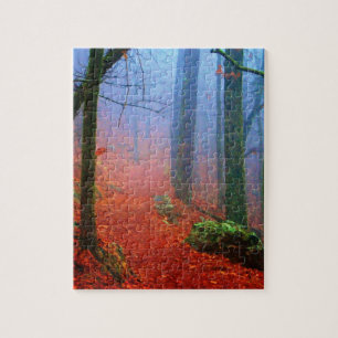 Geschilderd herfstblauw bos mist legpuzzel