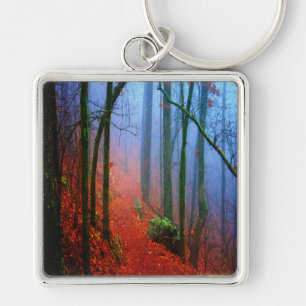Geschilderd herfstblauw bos mist sleutelhanger