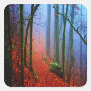 Geschilderd herfstblauw bos mist vierkante sticker