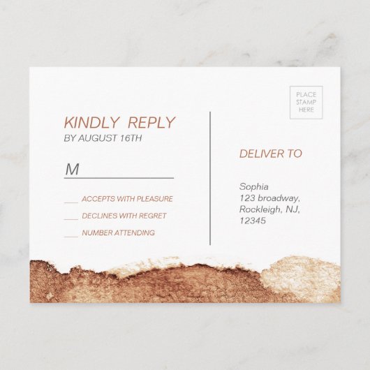 Geschilderd koper kleur moderne eenvoudige bruilof uitnodiging briefkaart (Achterkant)