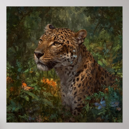 Geschilderd luipaard met vlinders in het wild poster (Voorkant)