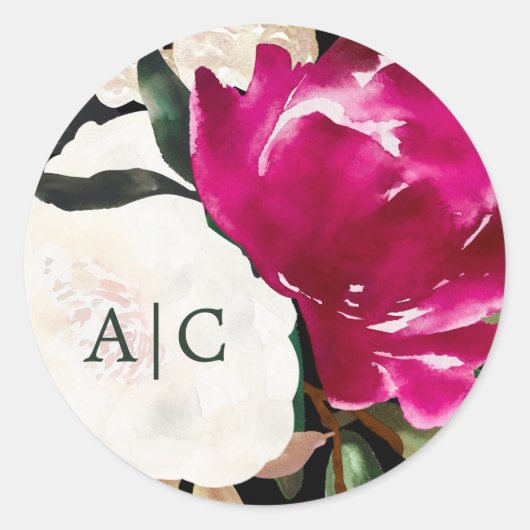 Geschilderd Magnolia op zwart | Monogram bruiloft Ronde Sticker (Voorkant)