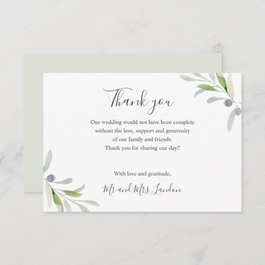 Geschilderd Olijf en bladeren groen Bruiloft dank Bedankkaart (Voorkant / Achterkant)