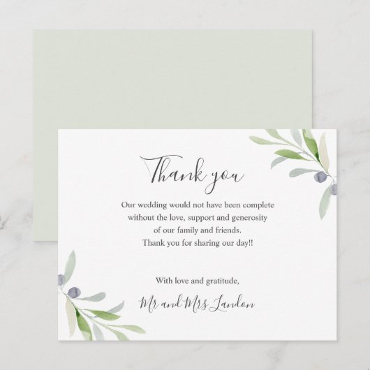 Geschilderd Olijf en bladeren groen Bruiloft dank  Briefkaart (Voorkant / Achterkant)