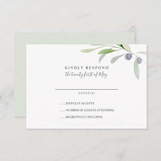 Geschilderd Olijf en bladeren tak Bruiloft RSVP (Voorkant / Achterkant)