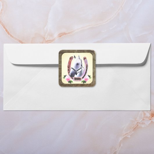 Geschilderd Paard in Faux Leather Lijst Vierkante Sticker