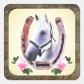 Geschilderd Paard in Faux Leather Lijst Vierkante Sticker (Voorkant)