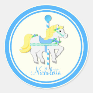 Geschilderd Pony Blauw en Geel Carrousel Ronde Sticker