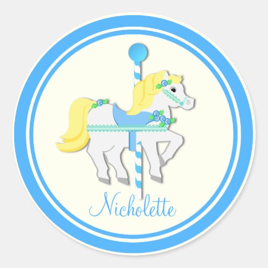 Geschilderd Pony Blauw en Geel Carrousel Ronde Sticker (Voorkant)