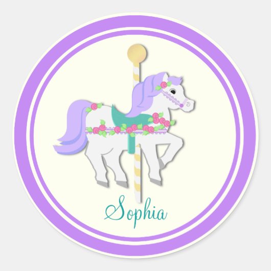 Geschilderd Pony Paarse en Rozen Carrousel Ronde Sticker (Voorkant)