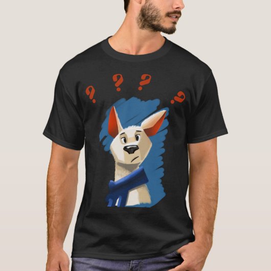 Geschilderd portret van vragende hond op blauwe ac t-shirt (Voorkant)