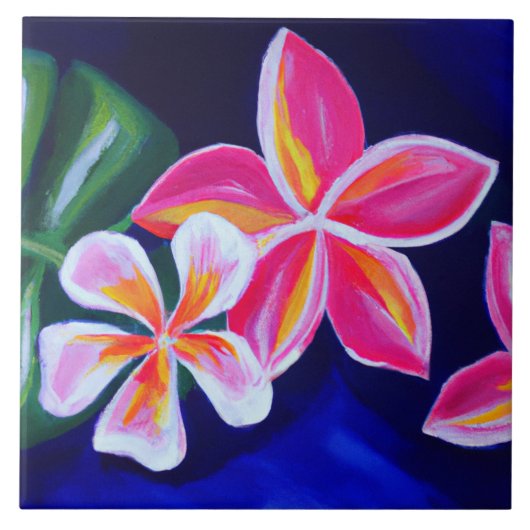 Geschilderd roze plumeria op blauw tropisch tegeltje (Voorkant)