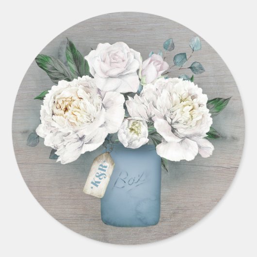 Geschilderd Stoffig Blauw Mason Jar en Witte Bloem Ronde Sticker (Voorkant)