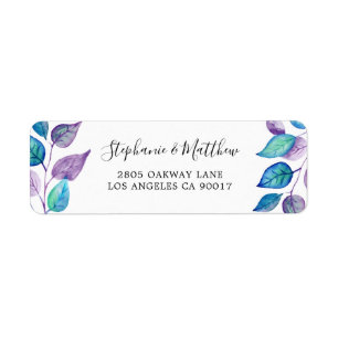 Geschilderd Turquoise Paarse Blad Waterverf Blad Etiket