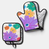 Geschilderd vet bloeiend bloemontwerp ovenwant & pannenlap set (Voorkant / Achterkant)