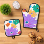 Geschilderd vet bloeiend bloemontwerp ovenwant & pannenlap set (Top down)