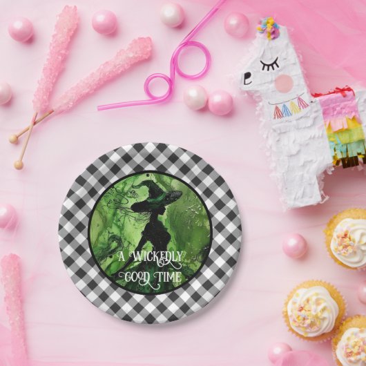 Geschilderd Wickedly goede heks Black Gingham Plai Papieren Bordje (Feest)