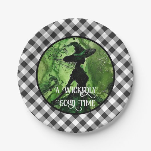Geschilderd Wickedly goede heks Black Gingham Plai Papieren Bordje (Voorkant)