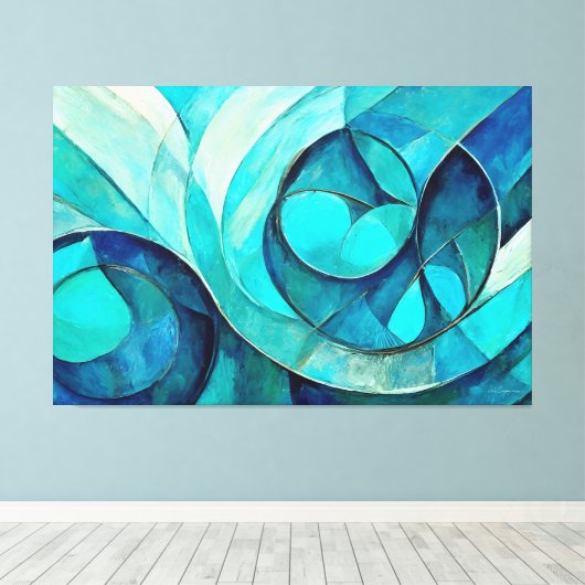 Geschilderde abstracte kunst in blauw canvas afdruk (Insitu (Houten vloer))