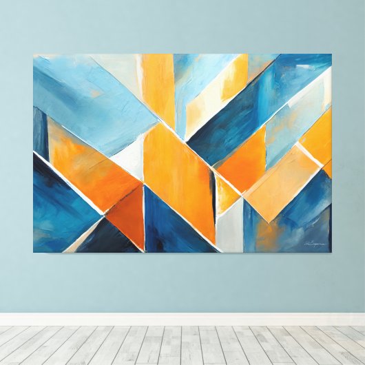 Geschilderde abstracte kunst in blauw oranje canvas afdruk (Insitu (Houten vloer))