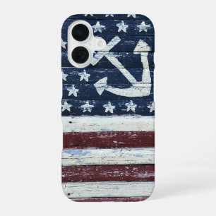 Geschilderde Amerikaanse vlag en anker op hout iPhone 16 Hoesje