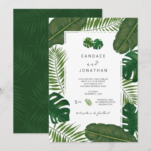 Geschilderde bladeren Tropische bruiloft Kaart (Voorkant / Achterkant)