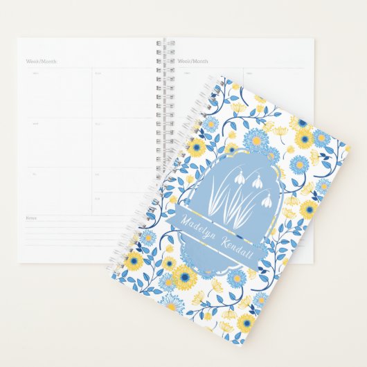 Geschilderde blauwe en gele aangepaste monogramnaa planner (Display)