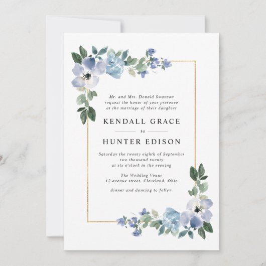 geschilderde blauwe en groene bloemrijke bruiloft  kaart (Voorkant)