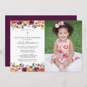 Geschilderde bloemen Baptisme 1e verjaardag Foto Kaart (Voorkant / Achterkant)