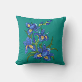 Geschilderde bloemen,  blauwe iris op blauwgroen kussen