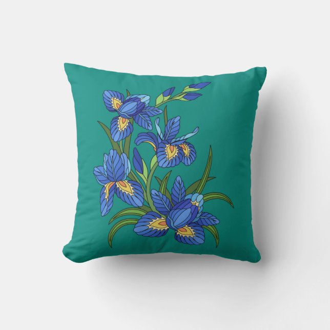 Geschilderde bloemen,  blauwe iris op blauwgroen kussen (Voorkant)