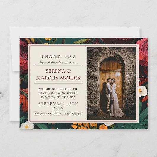 Geschilderde Bloemen Donker Bourgogne Groen Blauwg Bedankkaart (Voorkant)