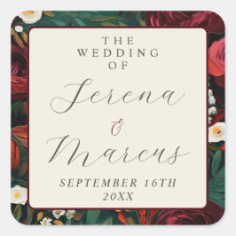 Geschilderde Bloemen Donker Bourgogne Groen Blauwg Vierkante Sticker