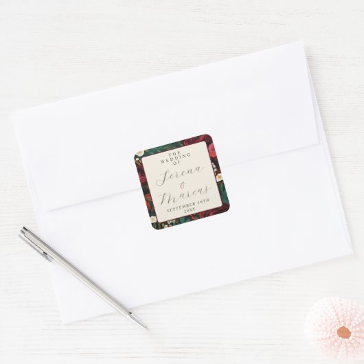 Geschilderde Bloemen Donker Bourgogne Groen Blauwg Vierkante Sticker (Envelop)