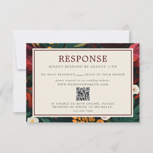 Geschilderde Bloemen Donker Bourgogne Groen Websit RSVP Kaartje (Voorkant)