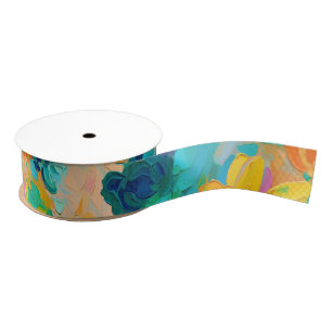 Geschilderde Bloemen Geel Blauw Groen Roze Kunst K Grosgrain Lint