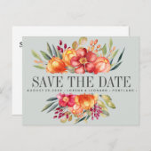 Geschilderde Bloemen Grijs Bruiloft bewaar de datu Aankondigingskaart (Voorkant / Achterkant)