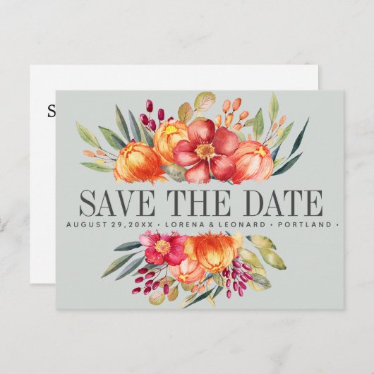 Geschilderde Bloemen Grijs Bruiloft bewaar de datu Aankondigingskaart (Voorkant / Achterkant)