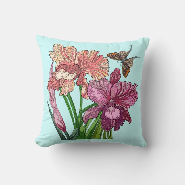Geschilderde Bloemen, iris met vlinder op mintgroe Kussen (Voorkant)