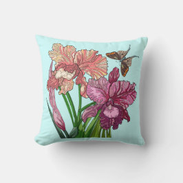 Geschilderde bloemen, iris met vlinder op munt kussen