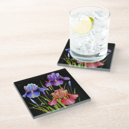 Geschilderde bloemen, kleurrijke iris op zwart glazen onderzetter