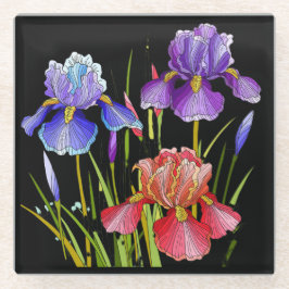 Geschilderde bloemen, kleurrijke iris op zwart glazen onderzetter