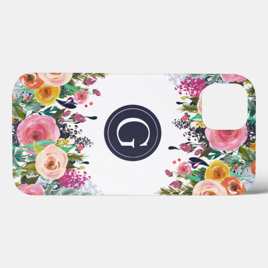 Geschilderde Bloemen Monogram Apple iPhone Case (Achterkant (horizontaal))